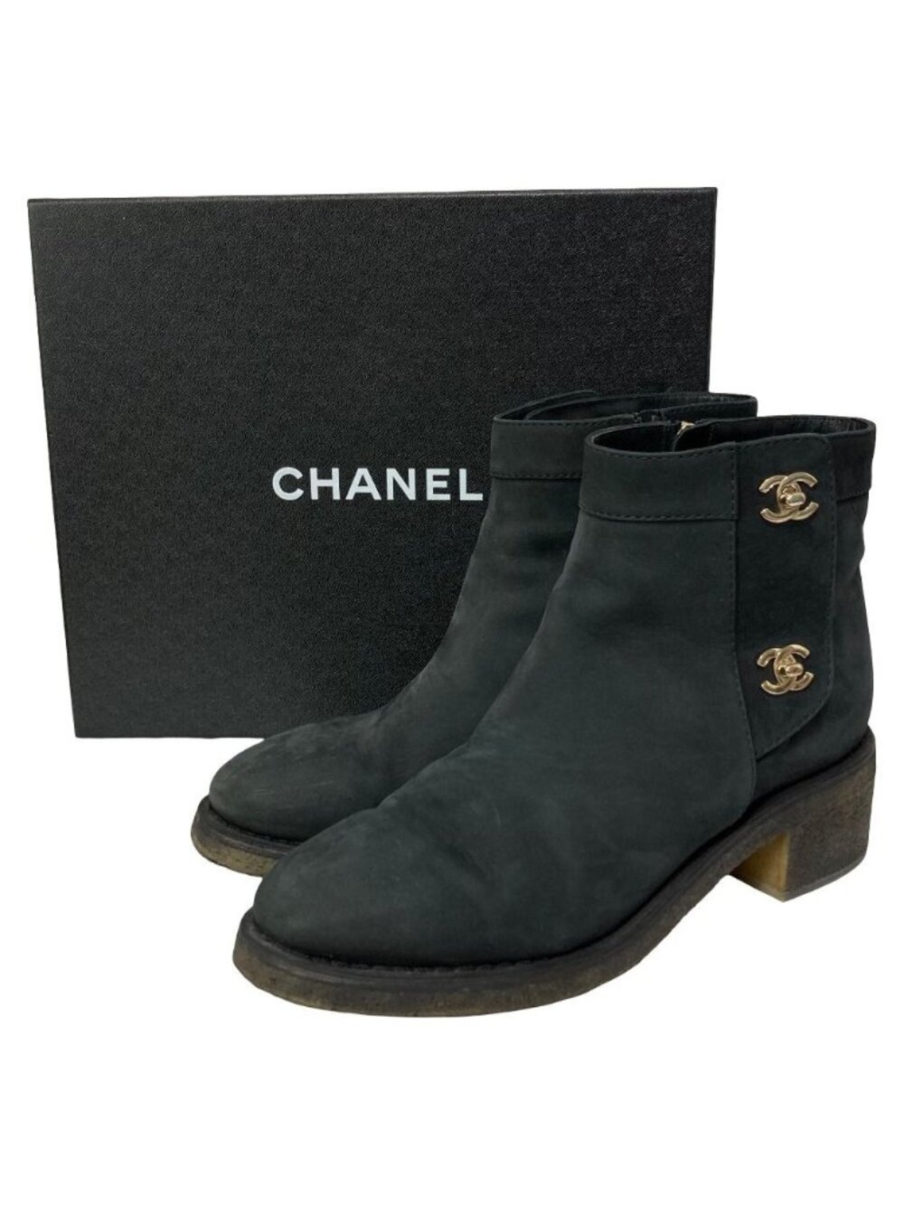 Chanel Turnlock CC Logo Side Zip Short Boots Black